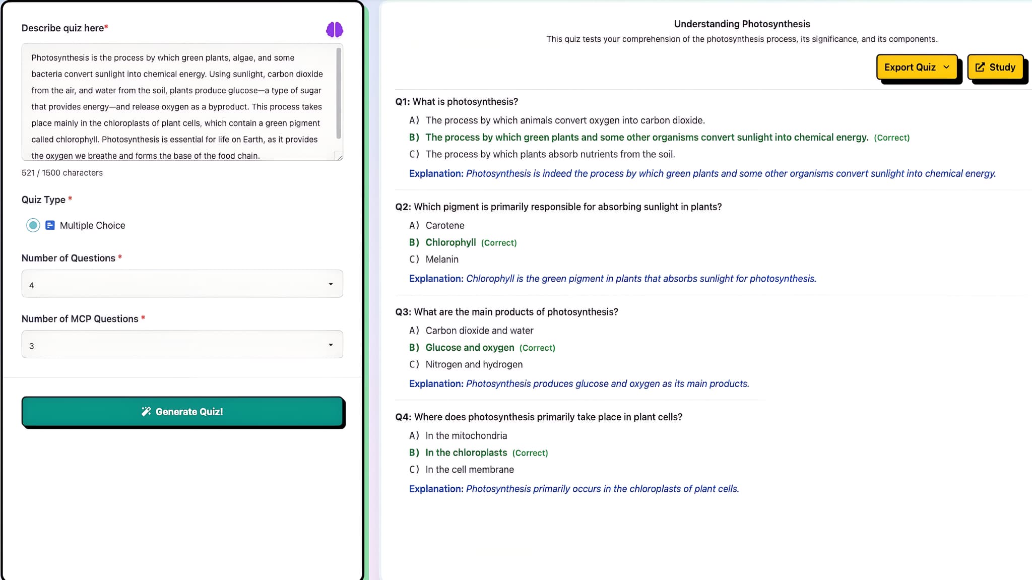 AI-generated quiz on photosynthesis for study